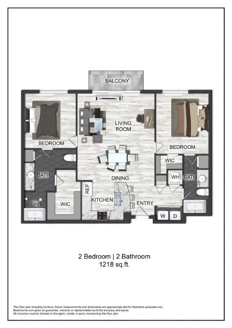 A floor plan of a two bedroom, two bathroom apartment.