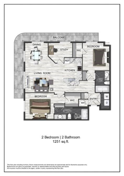 A floor plan of a 2 bedroom 2 bathroom apartment sized at 1251 sq.ft.