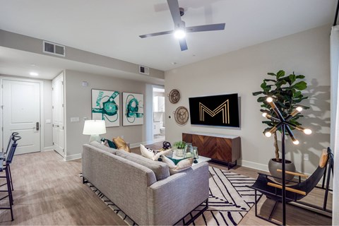 A living room with a grey couch, a plant, and a painting on the wall.