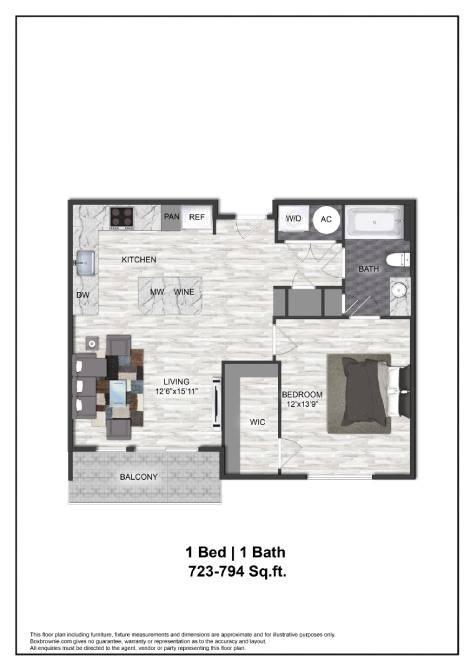 A floor plan of a one bedroom apartment with a bath.