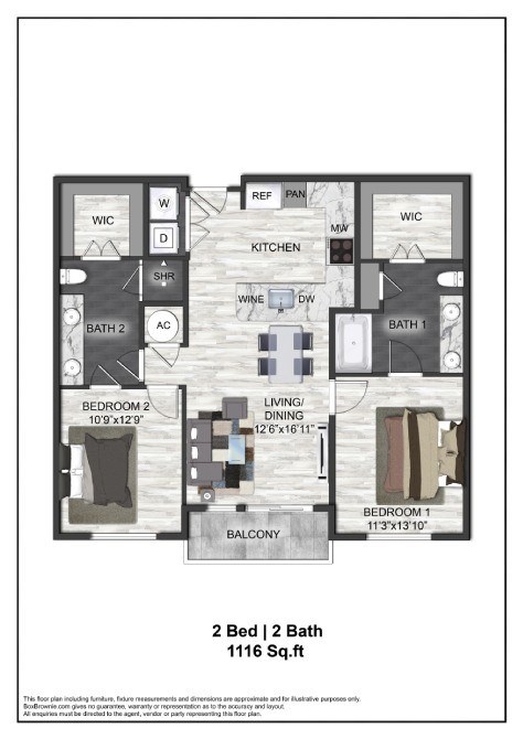 A floor plan of a 2 bedroom, 2 bathroom apartment sized 1116 square feet.