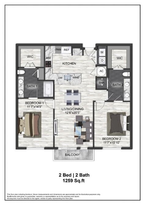 A floor plan of a 2 bedroom, 2 bathroom apartment.