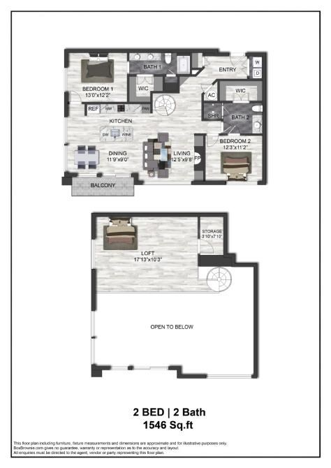 A floor plan of a 2 bedroom, 2 bath house.