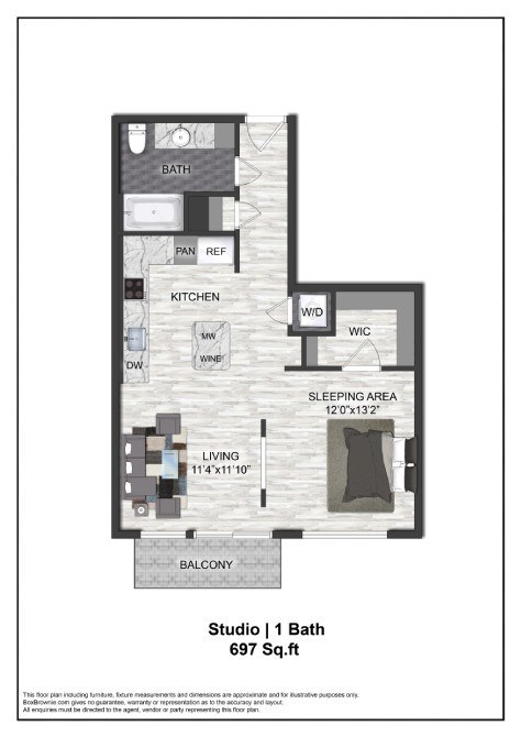 A floor plan of a studio apartment with a bath, kitchen, living room, and balcony.