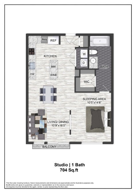A floor plan of a studio apartment with a living room, kitchen, and bathroom.