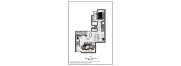 A drawing of a floor plan for a 1 bedroom 1 bathroom apartment.