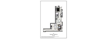 A floor plan of a 1 bedroom 1 bathroom apartment.
