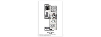 A floor plan for a 1 bedroom 1 bathroom apartment.