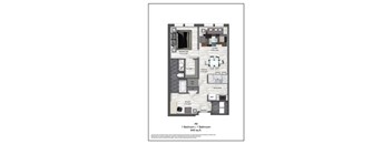 A floor plan of a one bedroom apartment with a bathroom, study, dining area, kitchen, and utility space.