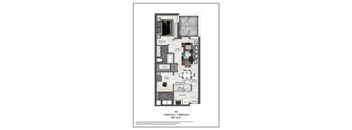 A floor plan for a 1 bedroom 1 bathroom apartment.