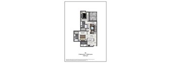 A floor plan of a home with 2 bedrooms and 2 bathrooms.