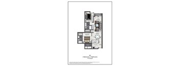 A floor plan of a home with two bedrooms and two bathrooms.