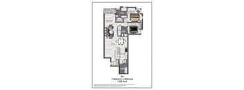 A floor plan of a 2 bedroom, 1.386 square feet apartment.