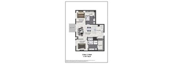 A floor plan of a 2 bedroom, 2 bathroom apartment.