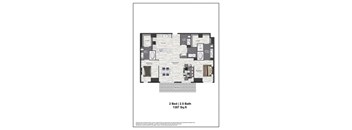 A floor plan of a 2 Bedroom, 2.5 Bath, 1357 Sq.ft apartment.