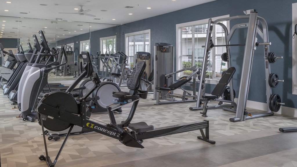 A gym with a variety of exercise equipment including treadmills, stationary bikes, and weight machines.