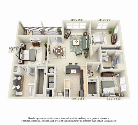A 3D floor plan of a house with labeled dimensions.