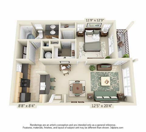 A 3D floor plan of a house with dimensions and a disclaimer.