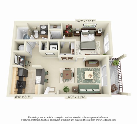 A 3D floor plan of a house with a living room, kitchen, and two bedrooms.