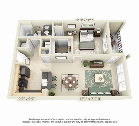 A 3D floor plan of a house with a living room, kitchen, and two bedrooms.