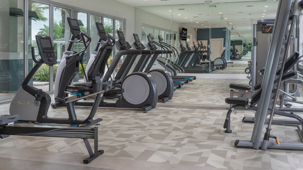 A gym with treadmills and elliptical machines.