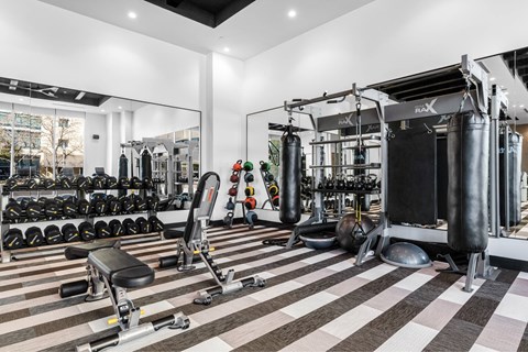 A gym with a variety of equipment including weights and a punching bag.