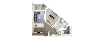 A detailed 3D floor plan of a small apartment.