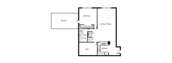A floor plan of a house with a terrace, bedroom, living/dining area, kitchen, and den.