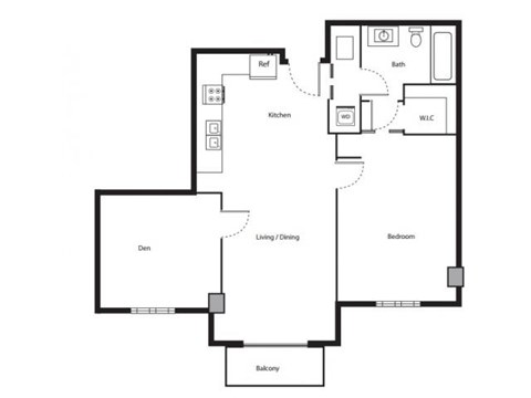A floor plan of a house with a living room, dining room, kitchen, and two bedrooms.