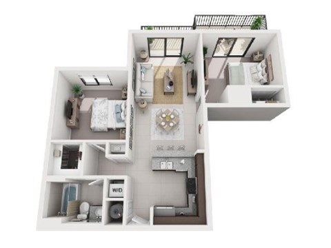 A top down view of a small apartment with a kitchen, living room, and bathroom.