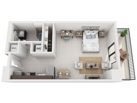 A top-down view of a small, neatly organized bedroom with a bed, desk, and storage areas.