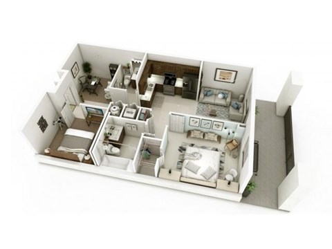 A 3D model of a house with a kitchen, living room, and bedrooms.