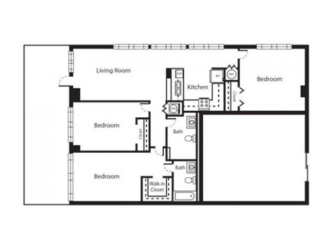 A floor plan of a house with a living room, kitchen, and four bedrooms.