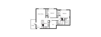 A floor plan of a house with two bedrooms, a living area, a kitchen, a bathroom, a terrace, and an entry point.