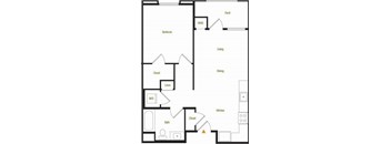 A floor plan of a house with a deck, living room, dining room, kitchen, bathroom, and bedrooms.