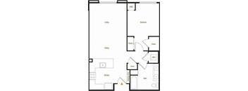 A floor plan of a house with a kitchen, living room, dining room, bedroom, bathroom, and laundry area.