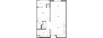 A floor plan of a house with a kitchen, living room, dining room, bedroom, bathroom, closet, and deck.