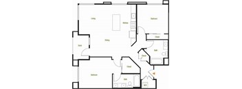 A floor plan of a house with labeled rooms such as Living, Dining, Bedroom, Bath, Closet, and Kitchen.
