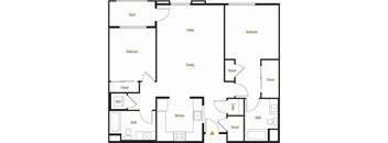 A floor plan of a house with a deck, two bedrooms, a living room, a dining room, a kitchen, a bathroom, and a WD.