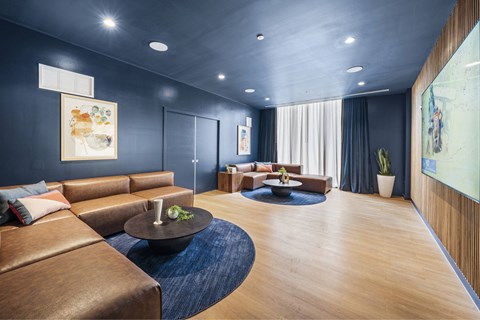 A modern living room with a brown leather sofa and a blue rug.