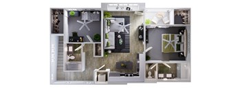 A 3D floor plan of a house with a kitchen, living room, and bathroom.