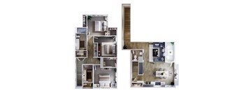 A floor plan of a house with a kitchen, living room, and bedrooms.