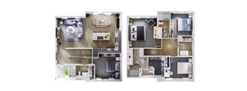 A floor plan of a two-bedroom apartment with a kitchen and living room.