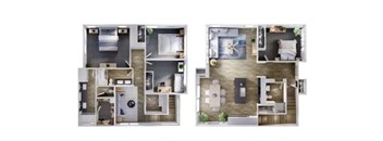 A floor plan of a two-bedroom apartment with a kitchen and living room.