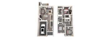 A diagram of a two-bedroom apartment with a car in the garage.