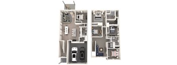 Two floor plan images of a small apartment with a kitchen, living room, bedroom, and bathroom.
