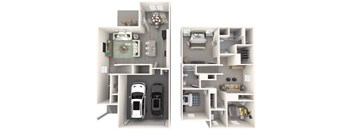 A diagram of a two-bedroom apartment with a living room, kitchen, and bathroom.