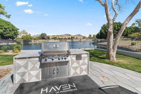 A modern outdoor grill with the brand name HAVEN of Atwater.