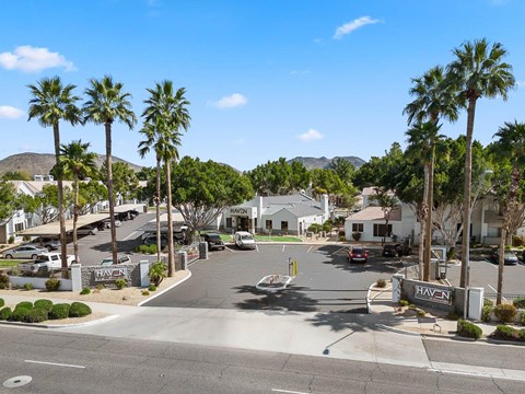 A sunny day at the Haven residential complex with palm trees lining the streets.
