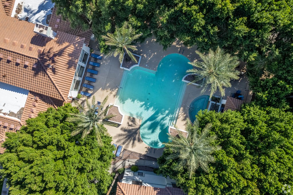 A swimming pool surrounded by trees and a building.